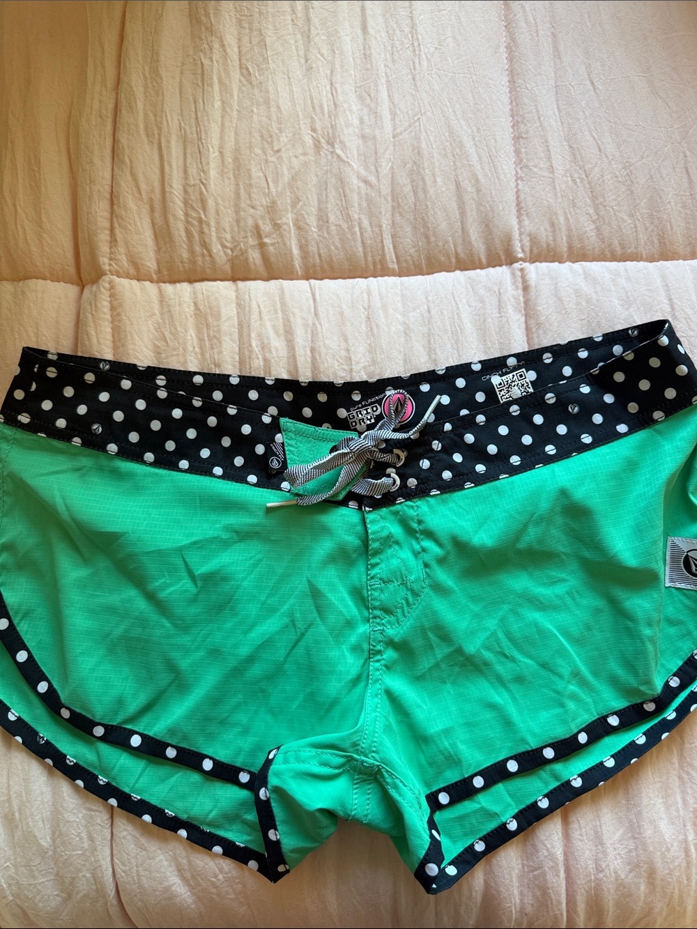 Volcom Green Bike/Swim Shorts with Black-and-White Polka Dot Trim